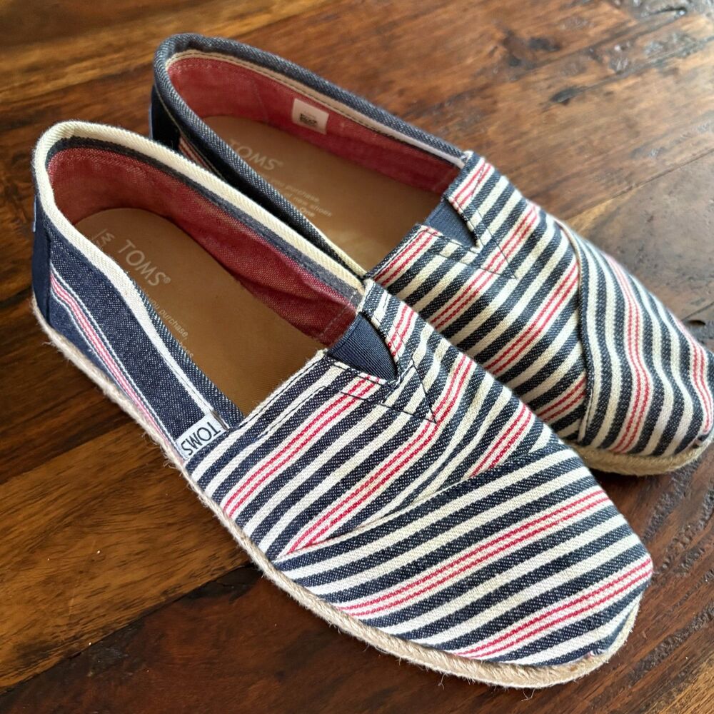Toms Chevron Espadrille Striped Slip On Flats Sz W7.5 Red White Blue